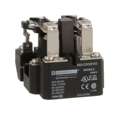8501CDO22V53 – Power Relay, Type C, DPDT, 2 normally open and 2 normally closed contacts, 20A resistive at 110 VDC, 24 VDC coil