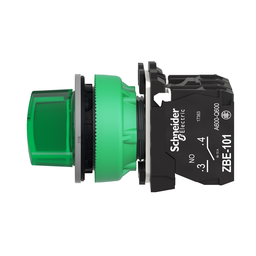 XB5FK123G5C0 – Illuminated selector switch, Harmony XB5, grey bezel, green handle, universal LED, 2 positions, 1NO   1NC, 120V AC