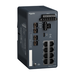 MCSESM103F2CS0 – network switch, Modicon Networking, managed, 8 ports for copper with 2 ports for fiber optic, singlemode