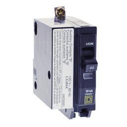 QOB1401201 – Mini circuit breaker, QO, 40A, 1 pole, 120/240VAC, 10kA, bolt on, aux switch 1B