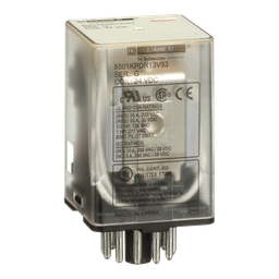 8501KPDR13V53 – Plug in relay, Type KP, tubular, 1 HP at 277 VAC, 10A resistive at 120 VAC, 11 pin, 3PDT, 3 NO, 3 NC, 24 VDC coil