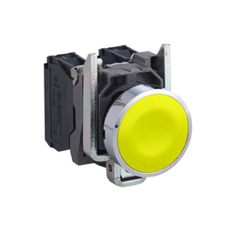 XB4BA51 – Push button, Harmony XB4, metal, flush, yellow, 22mm, spring return, unmarked, 1NO