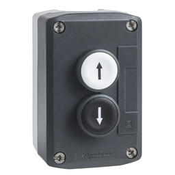 XALD222 – Control station, Harmony XALD, XALK, plastic, dark grey lid, 2 flush push buttons 22mm, marked UP ARROW DOWN ARROW, 2NO