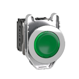 XB4FW33B5 – Illuminated push button, Harmony XB4, metal, green flush mounted, 30mm, universal LED, plain lens, 1NO   1NC, 24V AC DC