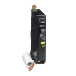 QOB125GFI – Mini circuit breaker, QO, 25A, 1 pole, 120VAC, 10kA, bolt on, 6mA grd fault A, pigtail