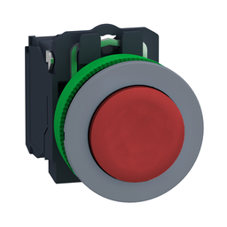 XB5FL42C0 – Push button, Harmony XB5, antimicrobial, grey bezel, red flush, 30mm, spring return, 1NO, unmarked