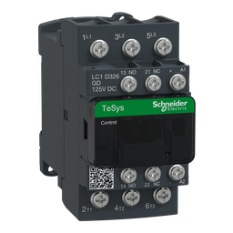 LC1D326GD – IEC contactor, TeSys Deca, nonreversing, 32A, 20HP at 480VAC, 3 phase, 3 pole, 3 NO, 125VDC coil, open style