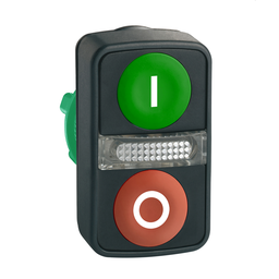 ZB5AW7A3741 – Illuminated double headed push button head, Harmony XB5, plastic, 22mm, 1 green flush marked I   1 pilot light   1 red flush marked O