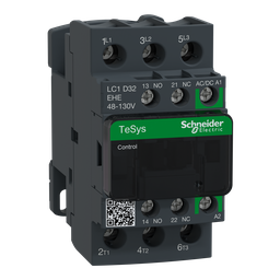 LC1D32EHE – IEC contactor, TeSys Deca Green, nonreversing, 32A, 20HP at 480VAC, up to 100kA SCCR, 3 phase, 3 NO, 48/130VAC/VDC coil
