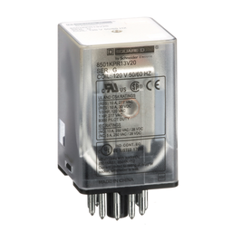 8501KPR13V20 – Plug in relay, Type KP, tubular, 1 HP at 277 VAC, 10A resistive at 120 VAC, 11 pin, 3PDT, 3 NO, 3 NC, 120 VAC coil
