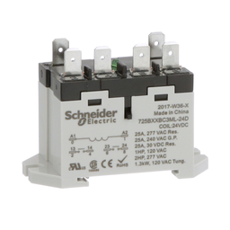 725BXXBC3ML-24D – Power relay, SE Relays, 25A, 2NO, 24VDC, LED push button, blade terminals, DIN or panel mount