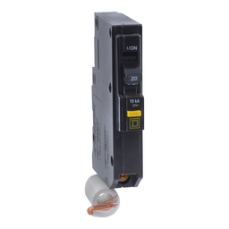 QO120GFICP – Mini circuit breaker, QO, 20A, 1 pole, 120VAC, 10kA, plug in, 6mA grd fault A, pigtail, consumer pack