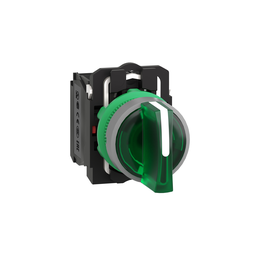 XB5AK133B5C0 – Illuminated selector switch, Harmony XB5, universal LED, grey bezel, green handle, 22mm, 3 positions, stay put, 1NO   1NC, 24V AC DC