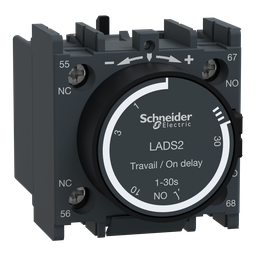 LADS2 – Time delay auxiliary contact block, TeSys Deca, 1NO   1NC, on delay 1-30s, front, screw clamp terminals