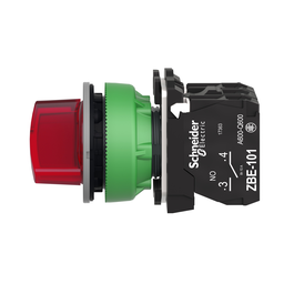XB5FK124B5C0 – Illuminated selector switch, Harmony XB5, grey bezel, red handle, universal LED, 2 positions, 1NO   1NC, 24V AC DC