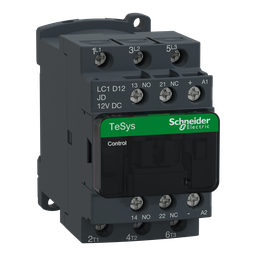 LC1D12JD – IEC contactor, TeSys Deca, nonreversing, 12A, 7.5HP at 480VAC, up to 100kA SCCR, 3 phase, 3 NO, 12VDC coil, open style