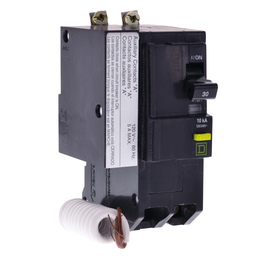 QOB230GFI1200 – Mini circuit breaker, QO, 30A, 2 pole, 120/240VAC, 10kA, bolt on, 6mA grd fault A, pigtail, aux switch 1A