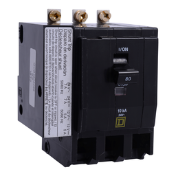 QOB3805288 – Mini circuit breaker, QO, 80A, 3 pole, 120/240VAC, 10kA, bolt on, AC/DC shunt, ring