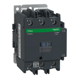 LC1D80D7 – IEC contactor, TeSys Deca, nonreversing, 80A, 60HP at 480VAC, up to 100kA SCCR, 3 phase, 3 NO, 42VAC 50/60Hz coil, open