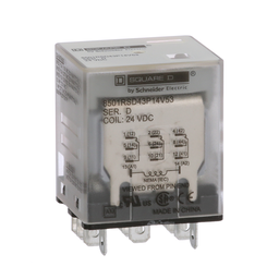 8501RSD43P14V53 – Plug in relay, Type R, miniature, 1 HP at 277 VAC, 15A resistive at 120 VAC, 11 blade, 3PDT, 3 NO, 3 NC, 24 VDC coil