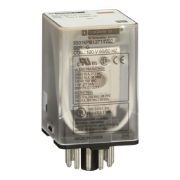 8501KPR13P14V20 – Plug in relay, Type KP, tubular, 1 HP at 277 VAC, 10A resistive at 120 VAC, 11 pin, 3PDT, 3 NO, 3 NC, 120 VAC coil