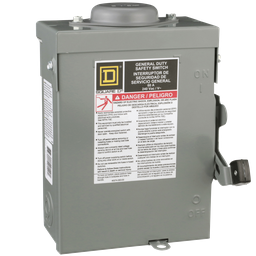 DU222RB – Safety switch, general duty, non fusible, 60A, 2 pole, 10hp, 240VAC, NEMA 3R, bolt on provision