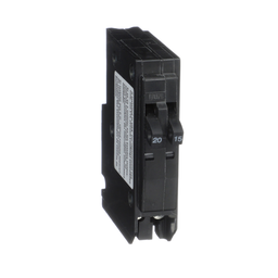 QO2015 – Tandem mini circuit breaker, QO, 1 x 1 pole at 15A, 1 x 1 pole at 20A, 120/240VAC, 10kA, plug in