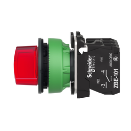 XB5FK124B5 – Illuminated selector switch, Harmony XB5, grey plastic, red handle, 30mm, universal LED, 2 positions, 1NO   1NC, 24V AC DC