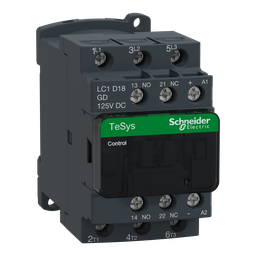 LC1D18GD – IEC contactor, TeSys Deca, nonreversing, 18A, 10HP at 480VAC, up to 100kA SCCR, 3 phase, 3 NO, 125VDC coil, open