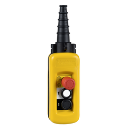 XACA2813 – Pendant control station, Harmony XAC, plastic, yellow, 2 push buttons with NO NC, 1 emergency stop NC