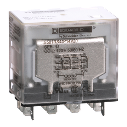 8501RS44P14V20 – Plug in relay, Type R, miniature, 1 HP at 277 VAC, 15A resistive at 120 VAC, 14 blade, 4PDT, 4 NO, 4 NC, 120 VAC coil