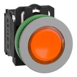 XB5FW35B5C0 – Illuminated push button, Harmony XB5, grey bezel, orange flush mounted, 30mm, universal LED, 1NO   1NC, 24V AC