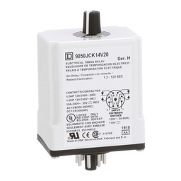9050JCK14V20 – Timing Relay, Type JCK, plug In, on delay, adjustable time, 1.2 to 120 seconds, 10A, 240 VAC, 120 VAC/110 VDC