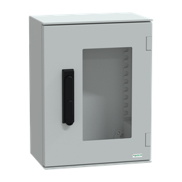 NSYPLM43TVG – Wall mounted polyester enclosure, Thalassa PLM, glazed door, with handle, 430x330x200mm, IP66, IK08, RAL 7035