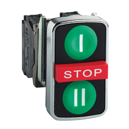 XB4BA731327 – Triple headed push button, Harmony XB4, metal, 22mm, marked, 1 green flush I   1 red projecting STOP   1 green flush II, 2 NO   1 NC