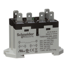 725BXXBC3ML-240A – Power relay, SE Relays, 25A, 2NO, 240VAC, LED push button, blade terminals, DIN or panel mount
