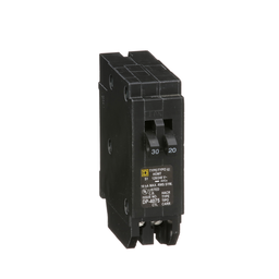 HOMT3020 – Tandem circuit breaker, Homeline, 1 x 1 pole at 30A, 1 x 1 pole at 20A, 120/240VAC, 10kA AIR, plug in, UL