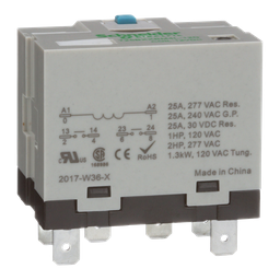 725BXXBM4L-12D – Power relay, SE Relays, 25A, 2NO, 12VDC, LED, flag indicator, locking push button, blade terminal, plug-in socket mount