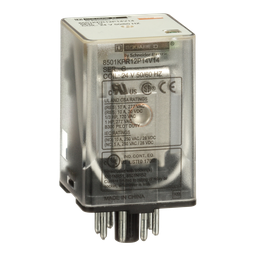 8501KPR12P14V14 – Plug in relay, Type KP, tubular, 1 HP at 277 VAC, 10A resistive at 120 VAC, DPDT, 2 NO, 2 NC, 24 VAC coil, pilot light