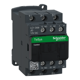 LC1D09JD – IEC contactor, TeSys Deca, nonreversing, 9A, 5HP at 480VAC, up to 100kA SCCR, 3 phase, 3 NO, 12VDC coil, open style