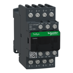 LC1DT326BD – IEC contactor, TeSys Deca, nonreversing, 32A resistive, 4 pole, 4 NO, 24VDC coil, open style