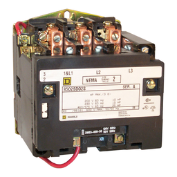 8502SDO2V06 – NEMA Contactor, Type S, nonreversing, Size 2, 45A, 25 HP at 575 VAC, 3 phase, up to 100 kA, 3 pole, 480 VAC coil, open
