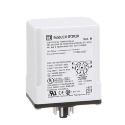 9050JCK1F3V20 – Timing Relay, Type JCK, plug In, on delay, fixed time, 3 seconds, 10A, 240 VAC, 120 VAC/110 VDC