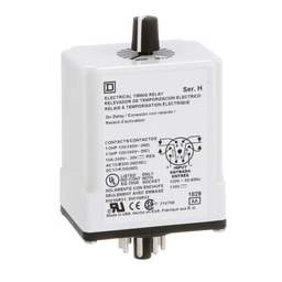 9050JCK18V20 – Timing Relay, Type JCK, plug In, on delay, adjustable time, 0.6 to 60 minutes, 10A, 240 VAC, 120 VAC/110 VDC