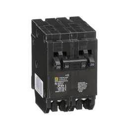 HOMT2020230CP – Tandem circuit breaker, Homeline, 2 x 1 pole at 20A, 1 x 2 pole at 30A, 120/240VAC, 10kA AIR, plug in, UL