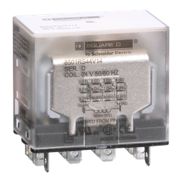 8501RS44V14 – Plug in relay, Type R, miniature, 1 HP at 277 VAC, 15A resistive at 120 VAC, 14 blade, 4PDT, 4 NO, 4 NC, 24 VAC coil