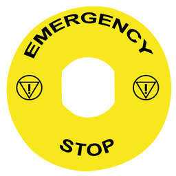 ZBY8330 – Marked legend, Harmony XB4, plastic, yellow, 90mm, for emergency stop, marked EMERGENCY STOP with logo ISO13851
