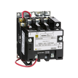 8502SCO2V02S – NEMA Contactor, Type S, nonreversing, Size 1, 27A, 10 HP at 575 VAC, 3 phase, up to 100 kA, 3 pole, 120 VAC coil, open