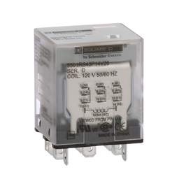 8501RS43P14V20 – Plug in relay, Type R, miniature, 1 HP at 277 VAC, 15A resistive at 120 VAC, 11 blade, 3PDT, 3 NO, 3 NC, 120 VAC coil