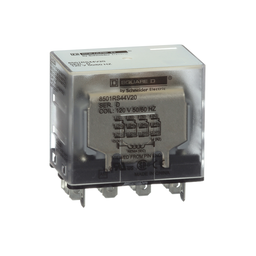 8501RS44V20 – Plug in relay, Type R, miniature, 1 HP at 277 VAC, 15A resistive at 120 VAC, 14 blade, 4PDT, 4 NO, 4 NC, 120 VAC coil